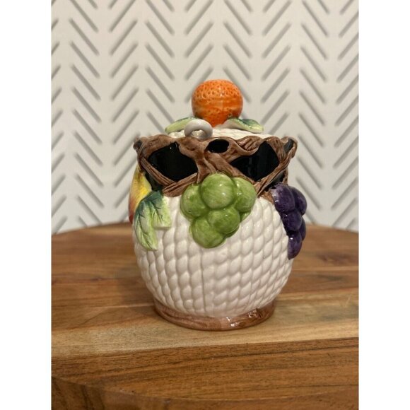 Fitz & Floyd Mediterranean Fruit Sugar Bowl Jam Jar Lid Spoon Vintage 1992 - Picture 2 of 10